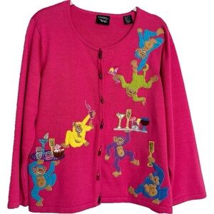 CHRISTINA ROTELLI Art To Wear Vintage Pink Cardigan Sweater Monkeys Martinis L